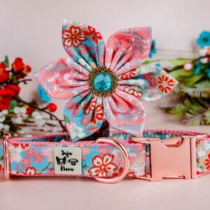 Girl floral dog collar flower/ japanese kimono dog collar/ cherry blossom collar/ small large dog collar/ coral blue female dog puppy collar