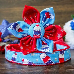 Patriotic dog collar flower/ 4th of July dog collar bow/ Girl dog collar/ blue red ice cream collar/ large small collar/ Memorial day collar