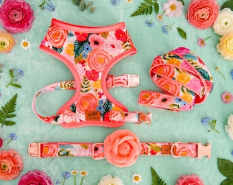 rifle paper co floral dog harness and leash set/ pink flower dog lead and harness/ custom gift for dog