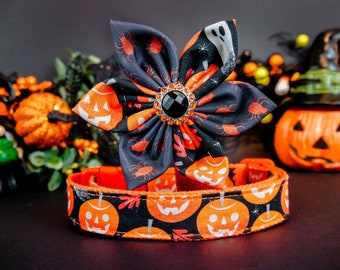 Halloween jack o lantern dog collar flower/ girl pumpkin dog collar/ cute large small puppy dog collar/ orange black ghost dog collar