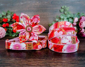Girl Floral dog collar leash set, pink flower dog collar and leash, Small large dog collar and lead, puppy collar, medium red dog collar