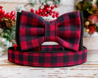 buffalo plaid dog collar/ dog bow tie/ Christmas dog collar/ boy girl dog collar/ Red black dog collar/ winter holiday dog collar/ dog gift