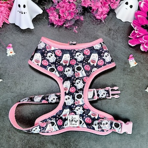 Pink Halloween dog harness vest/ ghost spooky dog harness/ girl pumpkin dog harness/ cute fabric dog harness/ boy small medium dog harness
