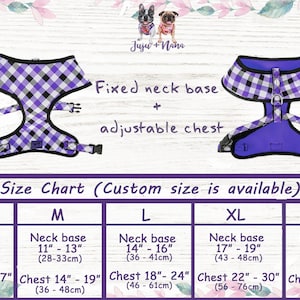 May include: Size chart for a purple and black checked dog harness with adjustable chest strap. The chart shows neck and chest measurements in inches and centimetres for sizes S, M, L, XL, and XXL. The text "Fixed neck base + adjustable chest" is also included.