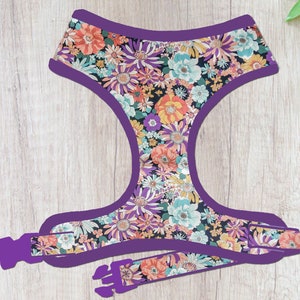 Autumn Daisy flower Girl dog harness/ Fall purple floral dog harness/ Dahlia female dog harness/ small puppy harness/ fabric dog harness