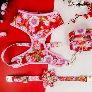 Japanese kimono Floral dog harness leash set/ Flower Girl dog harness vest/ Female dog lead harness/ small medium dog harness/ puppy harness