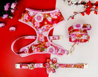 Japanese kimono Floral dog harness leash set/ Flower Girl dog harness vest/ Female dog lead harness/ small medium dog harness/ puppy harness