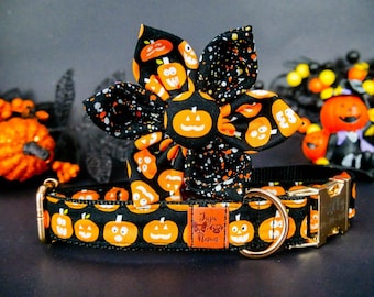 Halloween dog collar Flower, Orange Black Pumpkin dog collar, Glow in the dark, jack o lantern, Girl holiday dog collar, Halloween dog gift