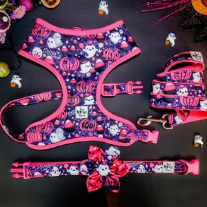 Halloween ghost dog harness leash set/ girl cute dog harness vest/ purple spooky harness and lead/ pumpkin fabric custom fall dog harness