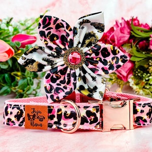 Girl leopard dog collar flower/ pink cheetah dog collar/ Large medium dog collar/ small Puppy collar/ female fabric collar/ designer collar