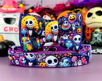 Purple Halloween nightmare dog collar bow tie/ skeleton ghost dog collar/ spooky skull dog collar