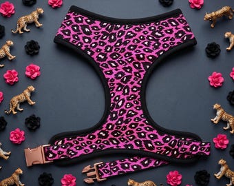 Pink Leopard dog harness/ Girl cute dog harness Vest/ cheetah female puppy harness/ Small medium dog harness/ soft fabric dog harness