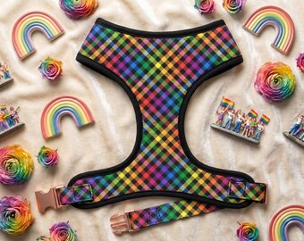 Arnés tipo chaleco para perro con estampado de cuadros arcoíris / Arnés para perro con estampado tartán Pride / Arnés para perro con estampado de cuadros vichy / Arnés de primavera/verano