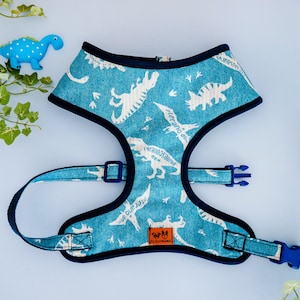 Dinosaur blue dog harness/ boy girl dog harness vest/ cute designer dog harness/ small medium dog harness/ custom puppy fabric harness