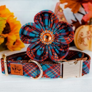 Collar de perro a cuadros con flores para niña/collar de perro para otoño/collar de perro a cuadros de Acción de Gracias/collar de perro pequeño y grande/collar de perro de tela navideña