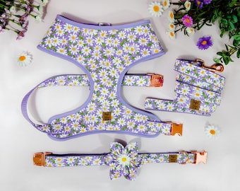Purple Girl dog harness vest leash set, Flower dog collar set, French bulldog harness, Custom Medium Puppy Small dog harness collar leash