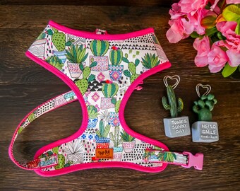 Cactus succulent dog harness/ girl boho dog harness vest/ Pink custom dog harness/ Small puppy harness/ Female medium harness/ soft fabric