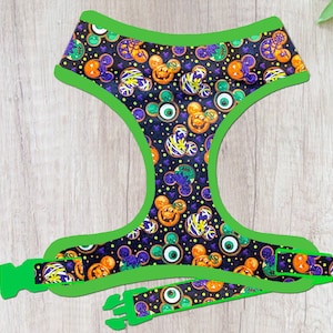 Green Halloween dog harness/ pumpkin spooky dog harness/ boy girl dog harness/ cute cookie dog harness/ small medium fabric dog harness