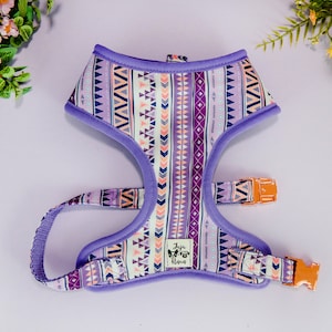 Girl Aztec dog harness vest/ tribal geometric dog harness/ ethical southwest harness/ purple boho harness/ small medium puppy dog harness