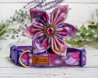 Halsband voor honden met zeemeerminschubben / Halsband voor honden met paarse bloemen / Halsband voor teefjes / Trendy halsband voor vrouwelijke honden / Halsband voor middelgrote honden / Halsband voor kleine puppy's