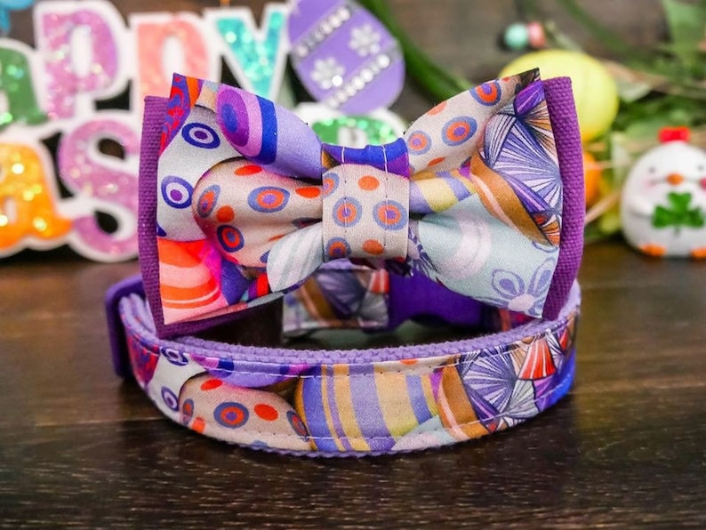 Easter eggs dog collar bow tie boy purple dog collar small large dog collar cute girl dog collar designer holiday collar fabric collar