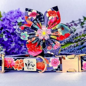 Japanese floral dog collar flower/ summer kimono collar/ purple cherry blossom collar/ large small dog collar/ winter fall spring collar