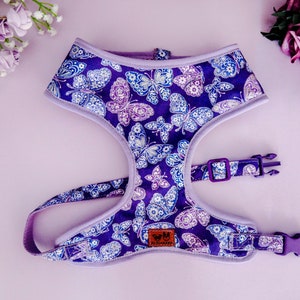 Girl purple dog harness vest/ floral butterfly dog harness/ flower female dog harness/ designer custom dog harness/ small medium dog harness
