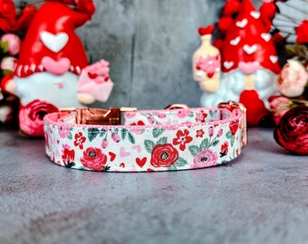 Collar de perro con flor de rosa/collar de perro con flores de San Valentín/collar de perro para niña/collar de perro grande y pequeño/collar mediano para cachorro/collar de tela para perra hembra