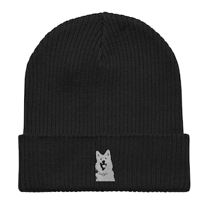 White Swiss Shepherd Stylish Organic Ribbed Beanie Cap | Unisex Embroidered Beanie with White Swiss Shepherd Print | Perfect Gift | Colors