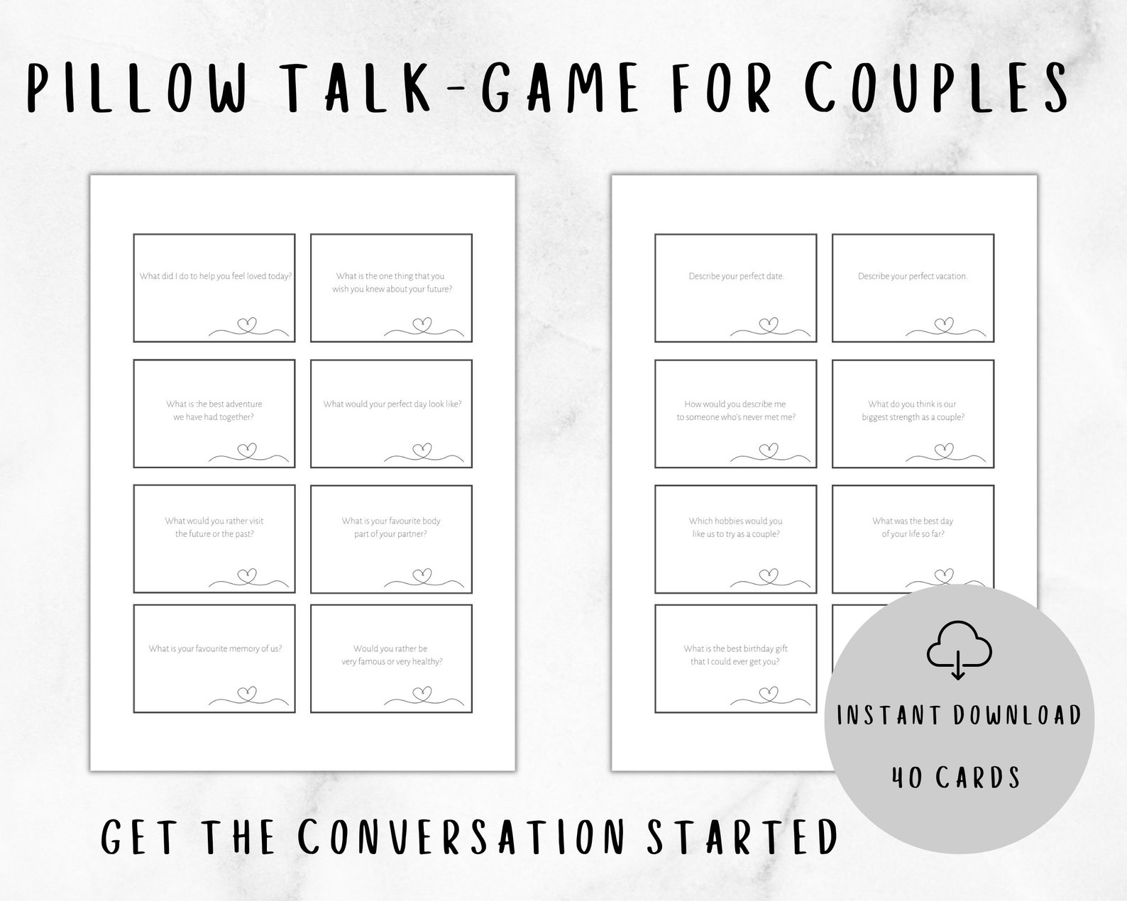 Printable Game for Couples Pillow Talk Intimate Relationship Game for