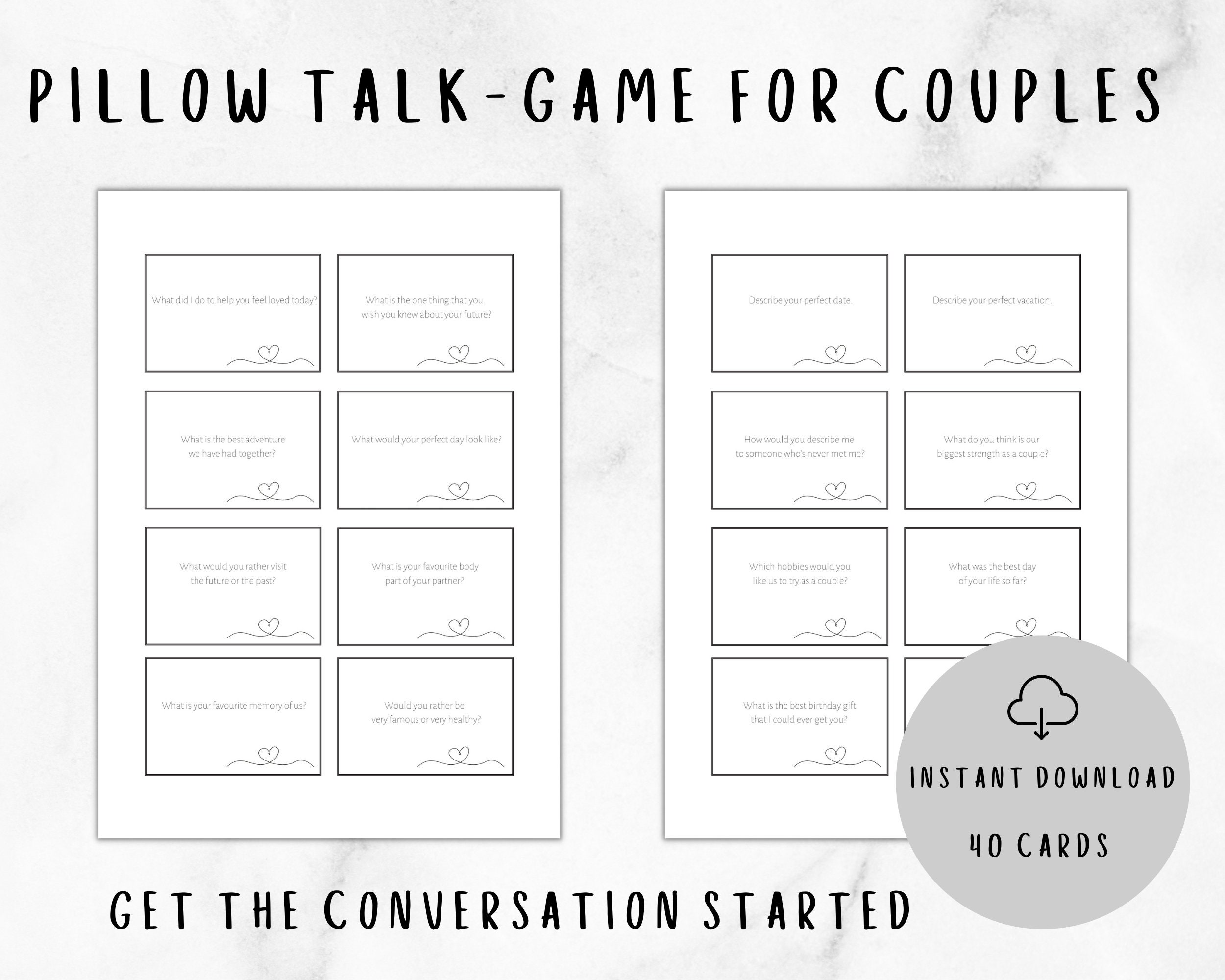 Printable Game for Couples Pillow Talk Intimate Relationship Game for