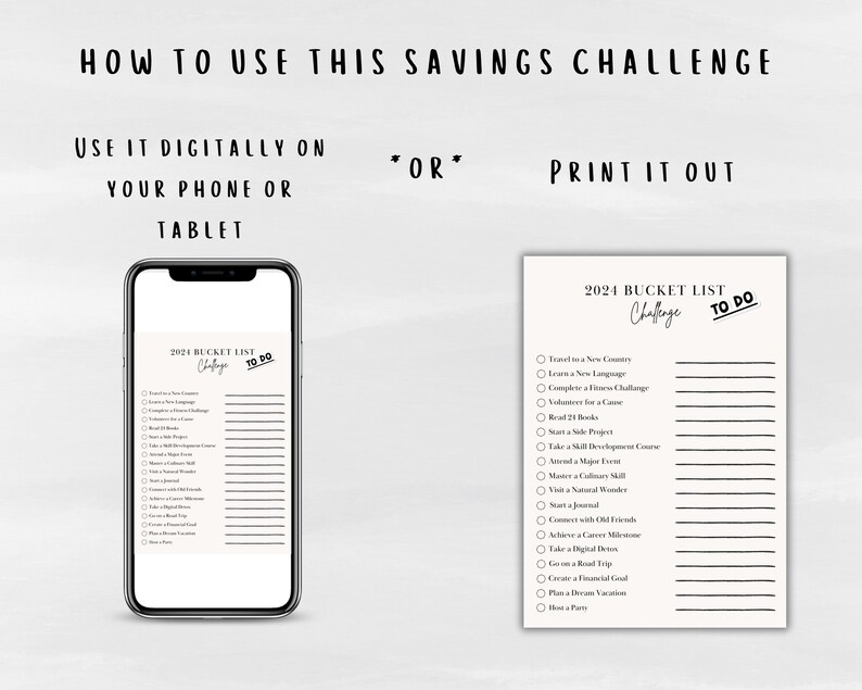 2024 Bucket List Challenge Printable 2024 Resolution Digital Tracker