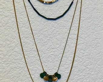 Vintage Four Strand Gold & Forest Green Beaded Pendant Neckace, 26"L Chain
