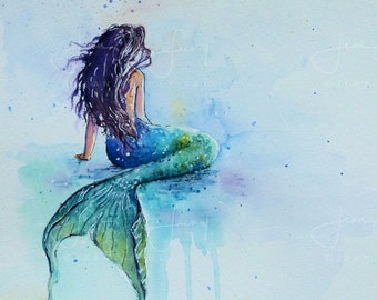 Unframed print of mermaid, for mermaid lovers and any room, and good for child or nursery too. From original watercolour painting.