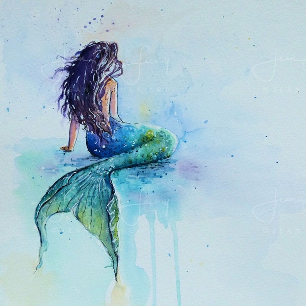 Unframed print of mermaid, for mermaid lovers and any room, and good for child or nursery too. From original watercolour painting.