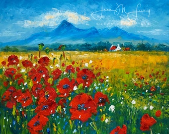 Poppies under the Cuillins, Isle of Skye, Poppy Painting Print, Skye painting, Scottish art, Scotland painting, Skye print, Scottish decor,