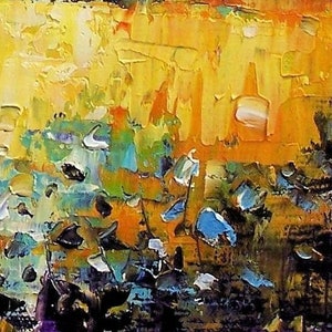 May include: Abstract painting with a yellow, orange, blue, and green color scheme. The painting has a textured surface and appears to be made with oil paint.
