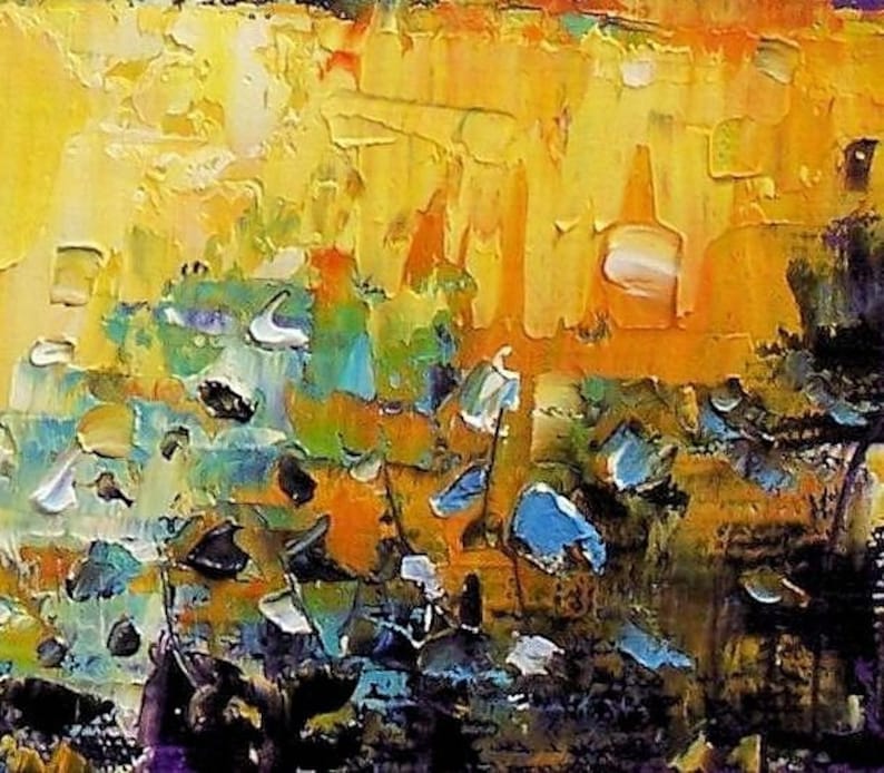 May include: Abstract painting with a yellow, orange, blue, and green color scheme. The painting has a textured surface and appears to be made with oil paint.