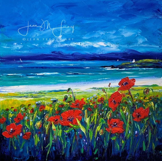 Wild poppies, Isle of Skye, poppy print, poppy painting, wild poppy art, poppy room decor, Scottish poppy painting,  poppy landscape,