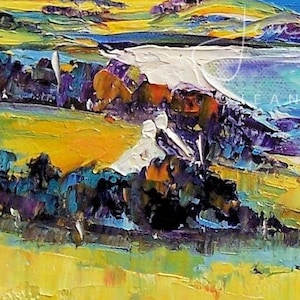 May include: Abstract landscape painting with a white beach, blue water, and green and yellow hills. The painting is done in a thick, impasto style, with visible brushstrokes.