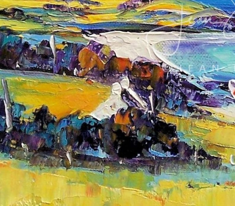 May include: Abstract landscape painting with a white beach, blue water, and green and yellow hills. The painting is done in a thick, impasto style, with visible brushstrokes.