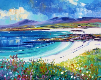 Unframed print of Tangasdale Beacg, Barra. Colourful wall art of Scotland.  Scottish island print for bright room decor. 7"x7" and 11"x11",