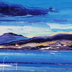 May include: A painting of a seascape with a blue sky and water. The sky is painted with thick strokes of blue and purple paint, and the water is painted with thin strokes of blue paint. There are mountains in the distance, and a small island in the foreground.