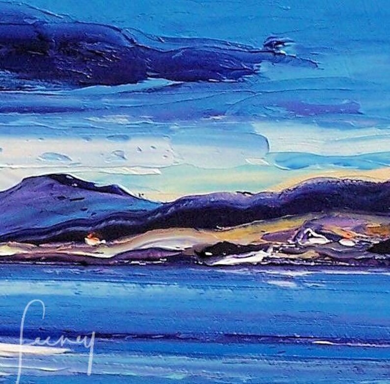 May include: A painting of a seascape with a blue sky and water. The sky is painted with thick strokes of blue and purple paint, and the water is painted with thin strokes of blue paint. There are mountains in the distance, and a small island in the foreground.