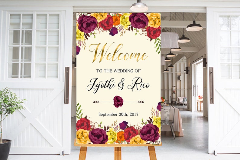 Wedding Welcome Sign Fall Marsala Burgundy Floral Fall Boho Digital Wedding Reception Sign Fall Bridal Wedding Welcome Poster WS-027 image 3