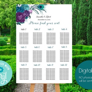 Seating chart template, Peacock Teal Purple sign, Editable Seating chart, Peacock Wedding Sign, WeddingTemplate, Seating order sign C-076 tp