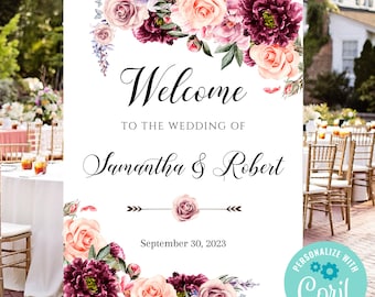 Blush Floral Welcome Sign Template, Marsala Burgundy Wedding, Boho Wedding, Wedding Reception Sign,Bridal Welcome Poster,Welcome Sign WS-030