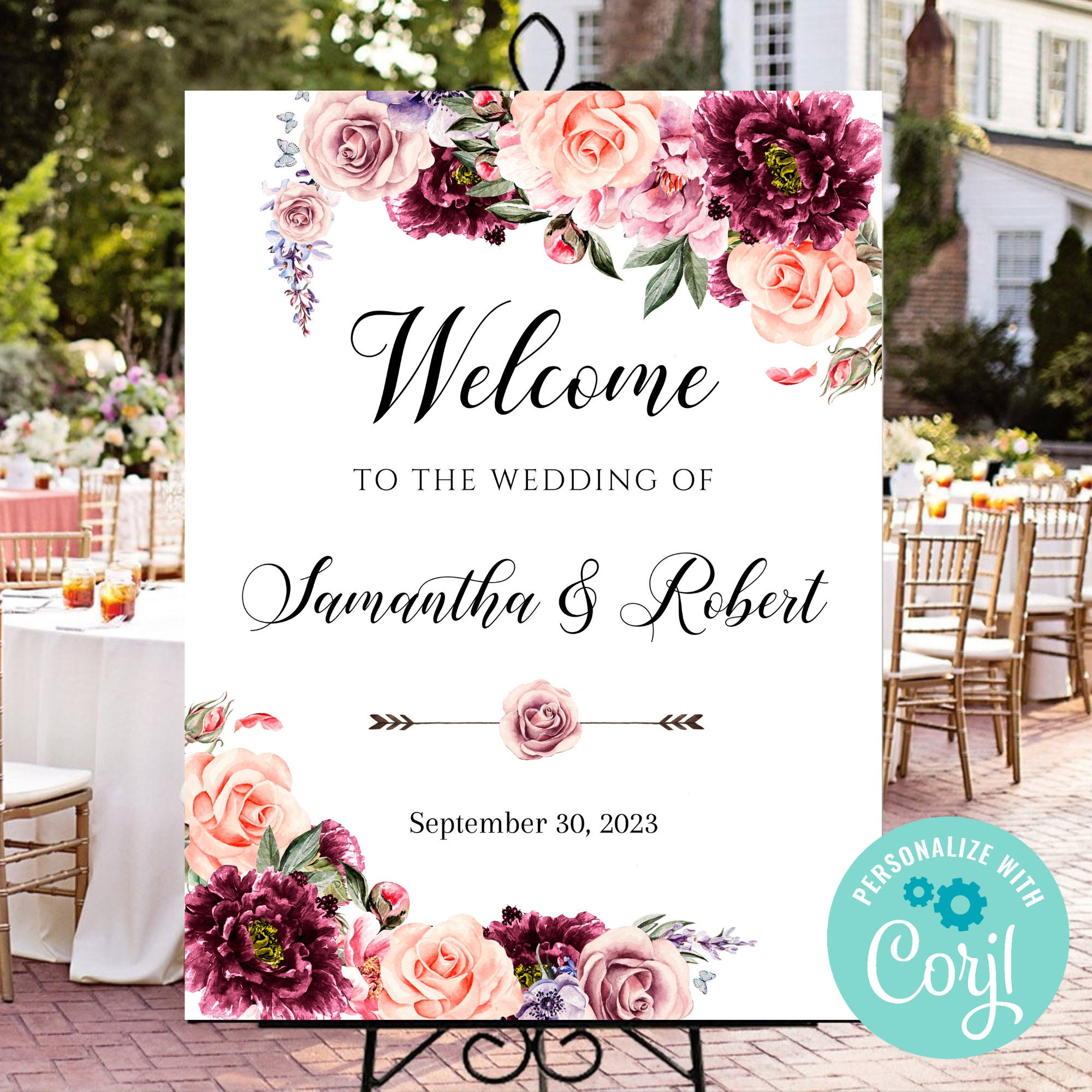 Blush Floral Welcome Sign Template Marsala Burgundy Wedding
