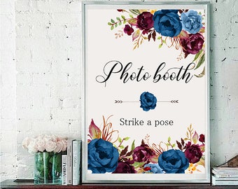 Photo booth Wedding Sign Digital Floral Blue Burgundy Peonies Wedding Boho Printable Bridal Decor Gifts Poster Sign 8x10 - WS-024