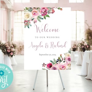 Blush & White Wedding Welcome Sign | Editable Floral Welcome Poster with Blush Roses | Printable Wedding Template for DIY Events WS-011